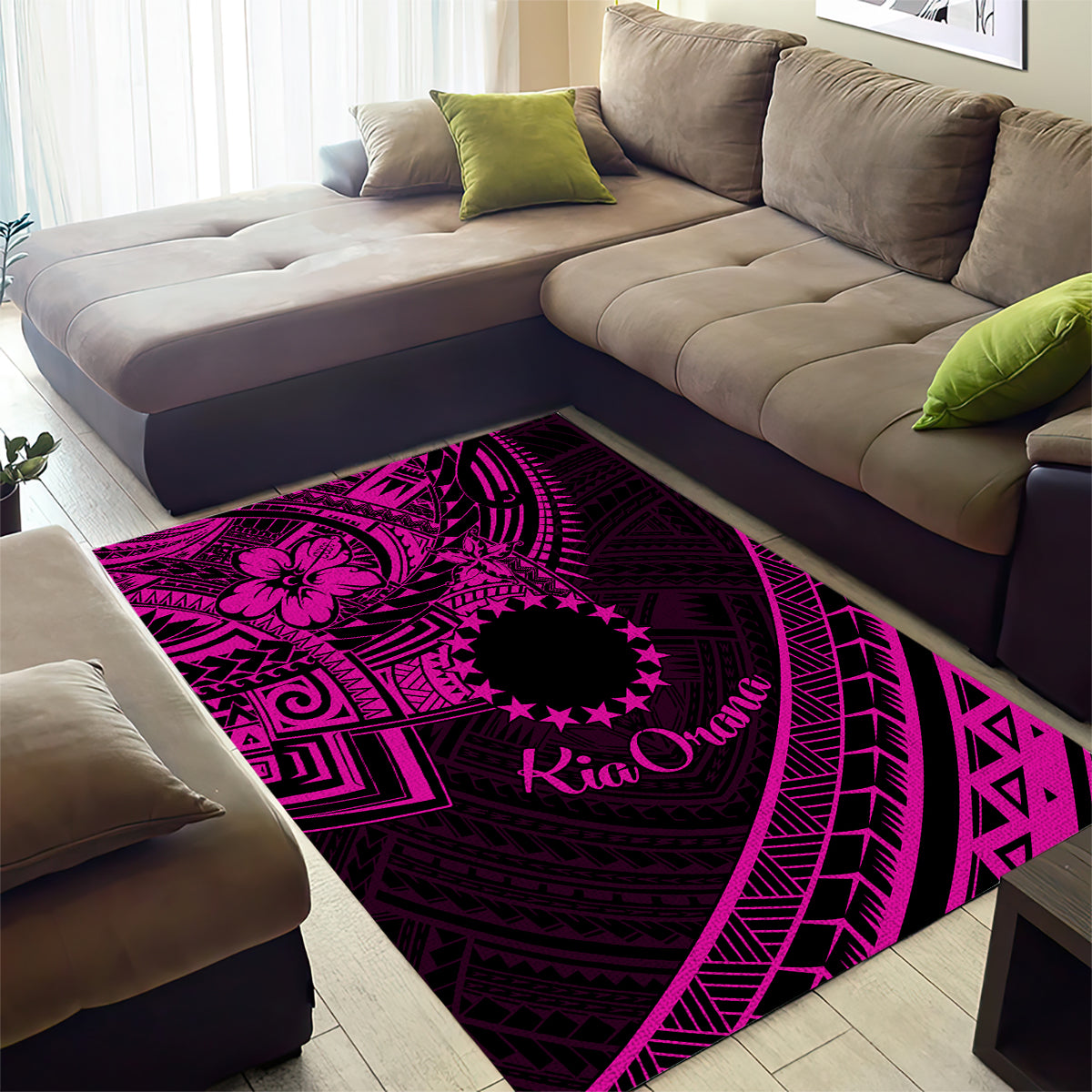 Kia Orana Cook Islands Area Rug Circle Stars With Floral Pink Pattern LT01 - Polynesian Pride