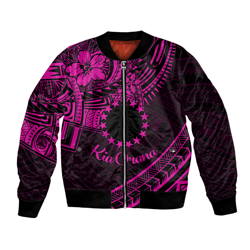 Kia Orana Cook Islands Bomber Jacket Circle Stars With Floral Pink Pattern LT01 Unisex Pink - Polynesian Pride