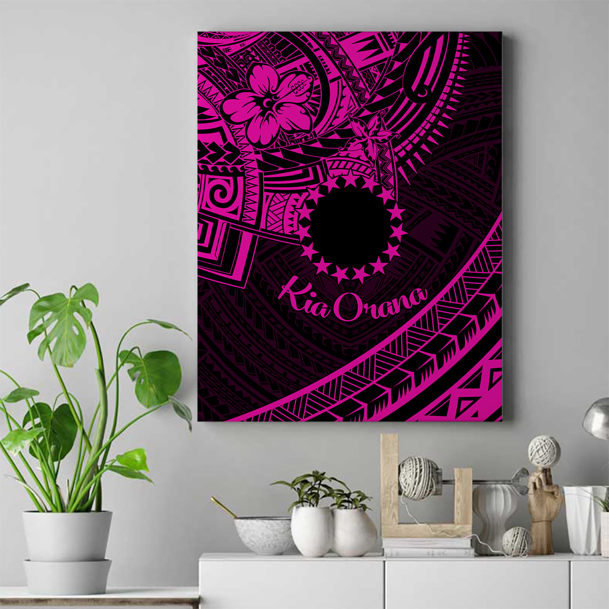 Kia Orana Cook Islands Canvas Wall Art Circle Stars With Floral Pink Pattern LT01 Pink - Polynesian Pride