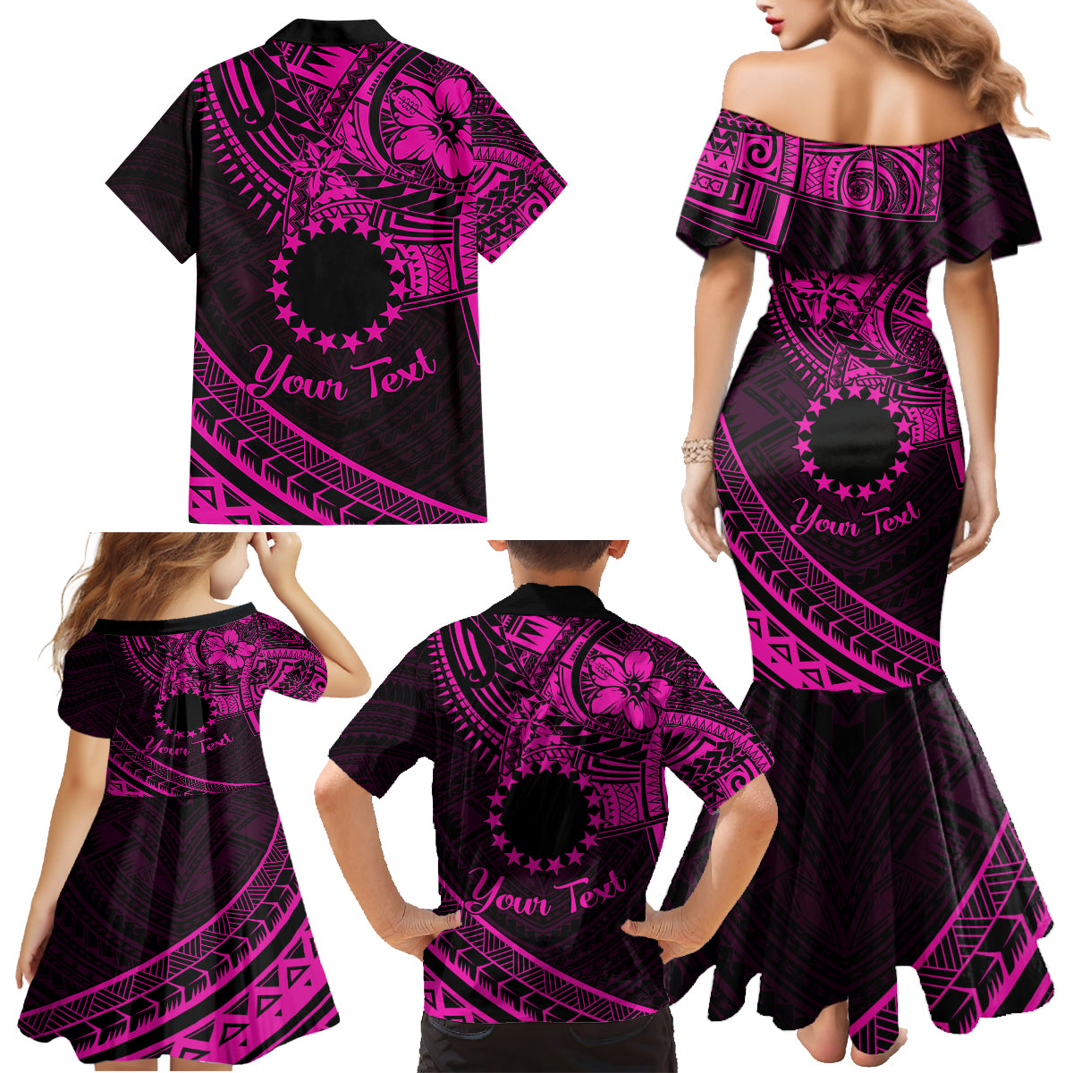 Kia Orana Cook Islands Family Matching Mermaid Dress and Hawaiian Shirt Circle Stars With Floral Pink Pattern LT01 - Polynesian Pride
