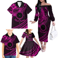 Kia Orana Cook Islands Family Matching Off Shoulder Long Sleeve Dress and Hawaiian Shirt Circle Stars With Floral Pink Pattern LT01 - Polynesian Pride