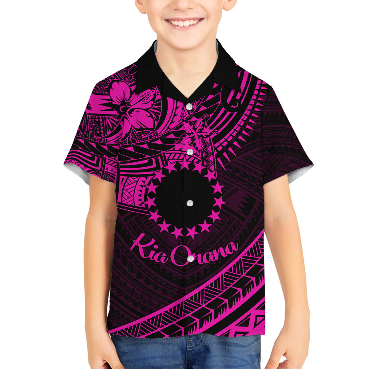 Kia Orana Cook Islands Family Matching Off Shoulder Long Sleeve Dress and Hawaiian Shirt Circle Stars With Floral Pink Pattern LT01 Son's Shirt Pink - Polynesian Pride