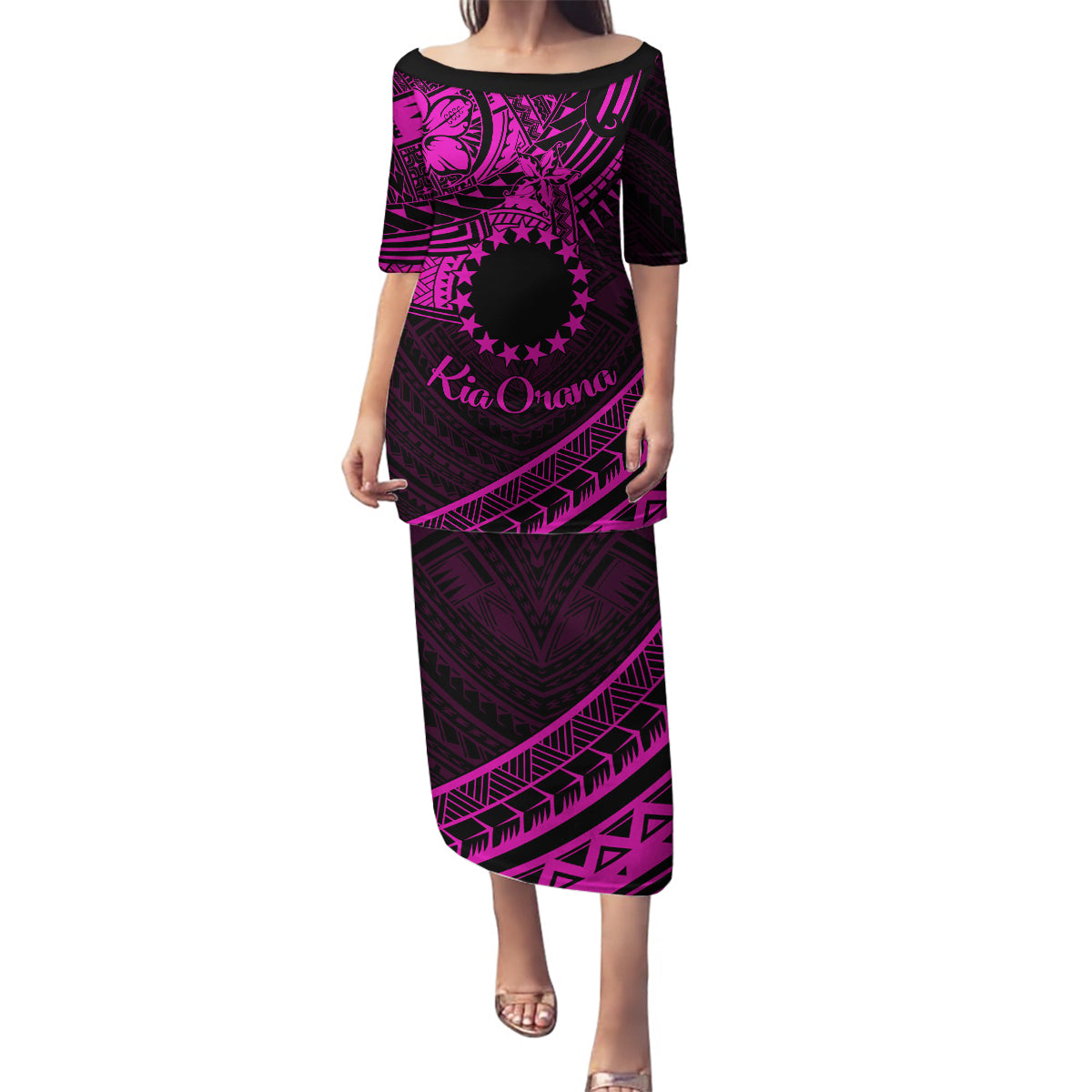 Kia Orana Cook Islands Family Matching Puletasi Dress and Hawaiian Shirt Circle Stars With Floral Pink Pattern LT01 Mom's Dress Pink - Polynesian Pride