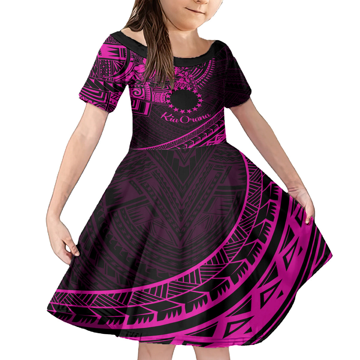 Kia Orana Cook Islands Family Matching Summer Maxi Dress and Hawaiian Shirt Circle Stars With Floral Pink Pattern LT01 Daughter's Dress Pink - Polynesian Pride