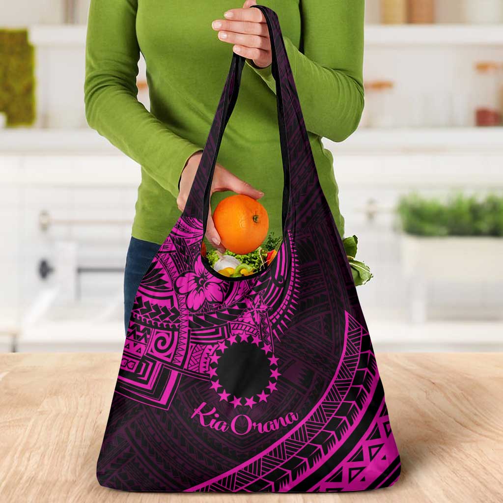 Kia Orana Cook Islands Grocery Bag Circle Stars With Floral Pink Pattern