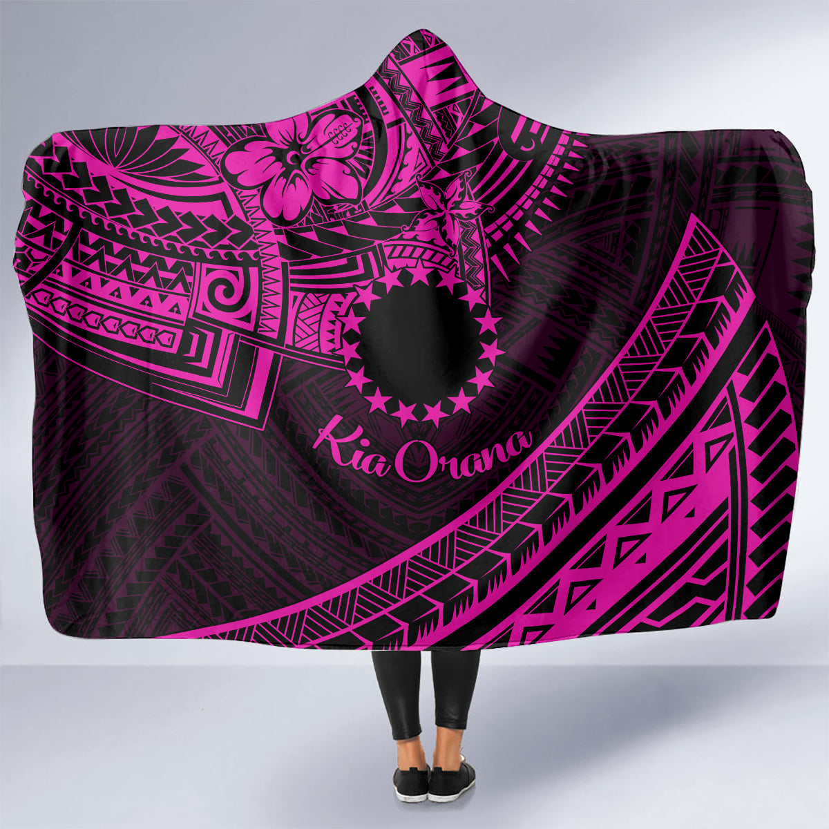 Kia Orana Cook Islands Hooded Blanket Circle Stars With Floral Pink Pattern LT01 - Polynesian Pride