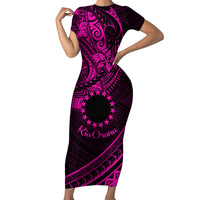 Kia Orana Cook Islands Short Sleeve Bodycon Dress Circle Stars With Floral Pink Pattern LT01 Long Dress Pink - Polynesian Pride