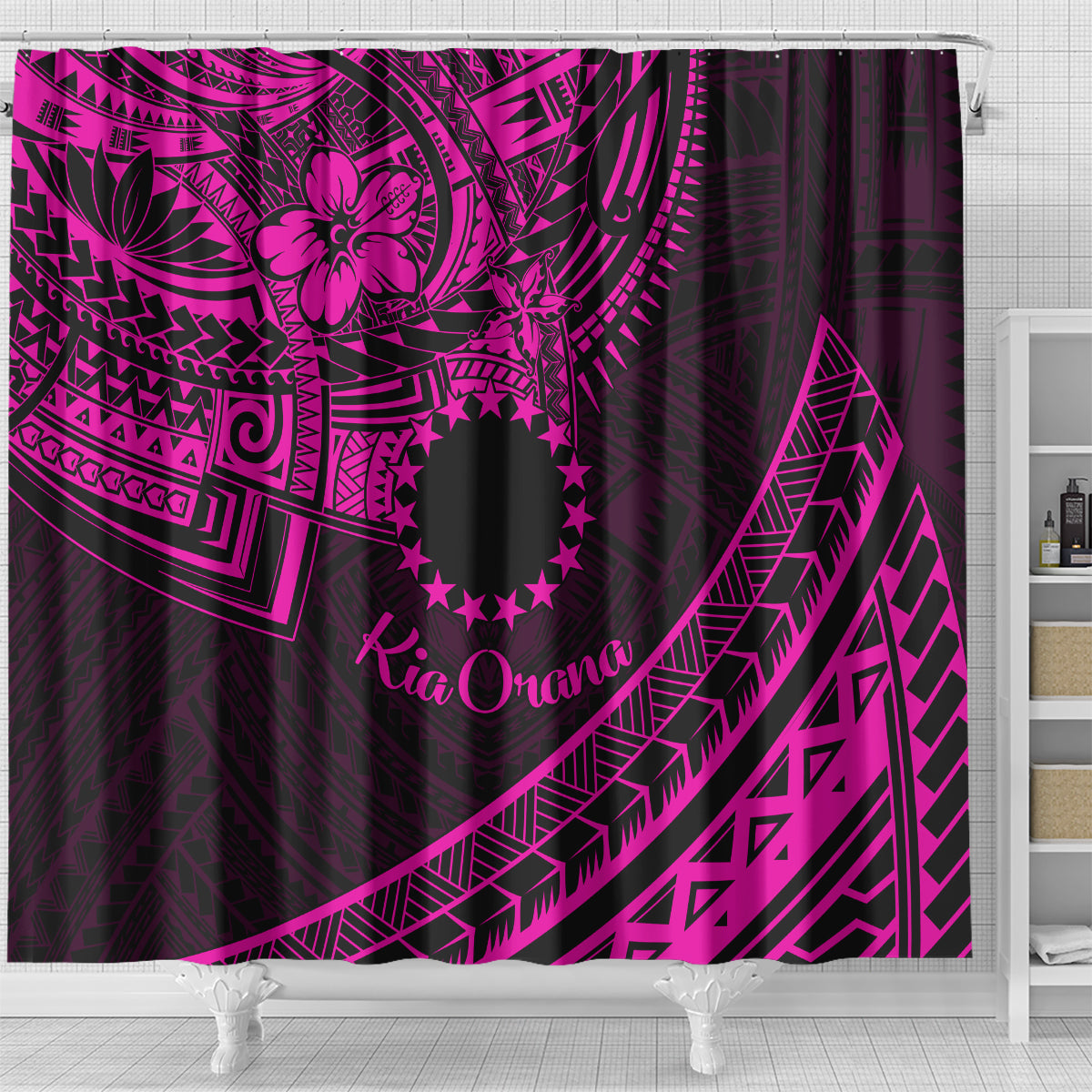 Kia Orana Cook Islands Shower Curtain Circle Stars With Floral Pink Pattern LT01 - Polynesian Pride