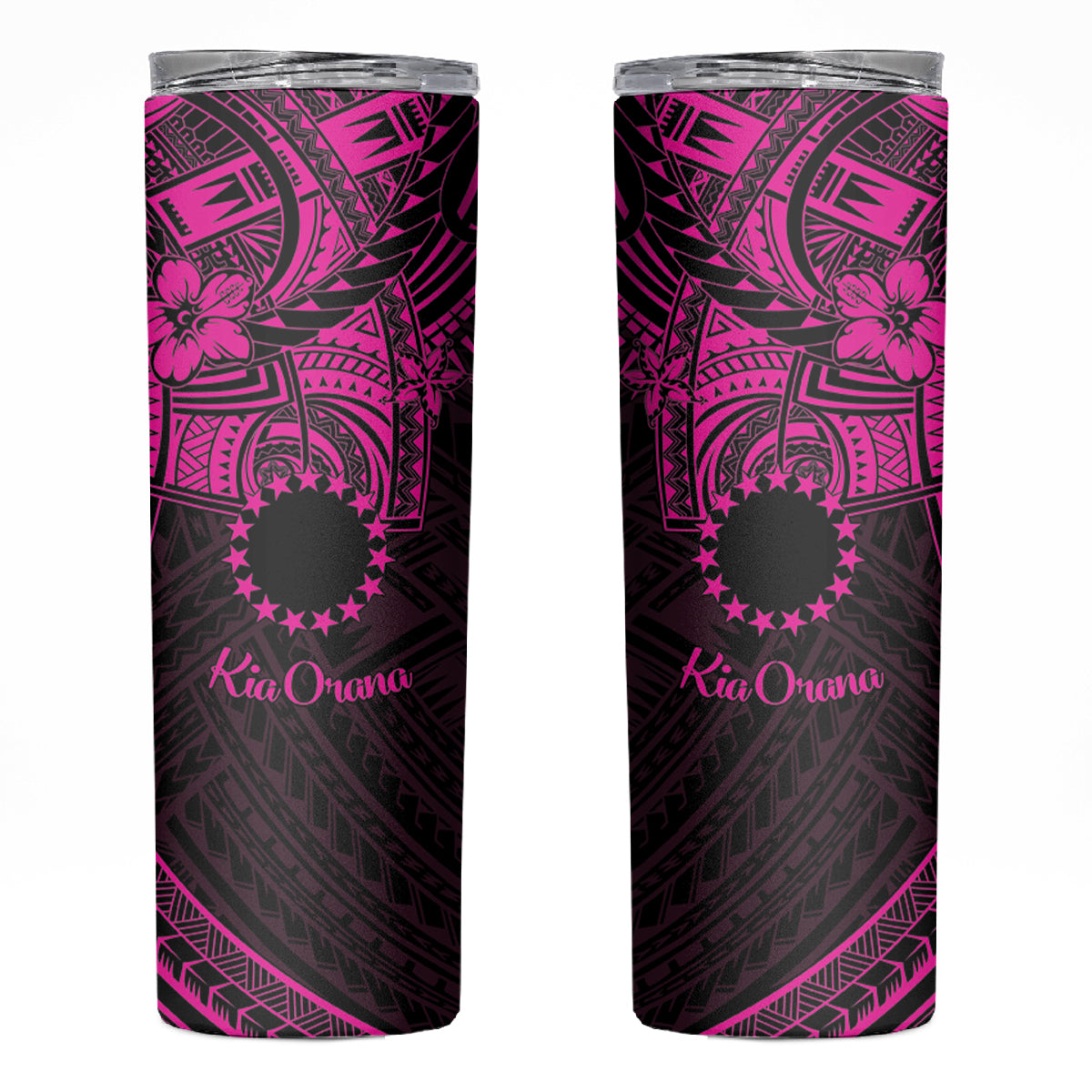 Kia Orana Cook Islands Skinny Tumbler Circle Stars With Floral Pink Pattern