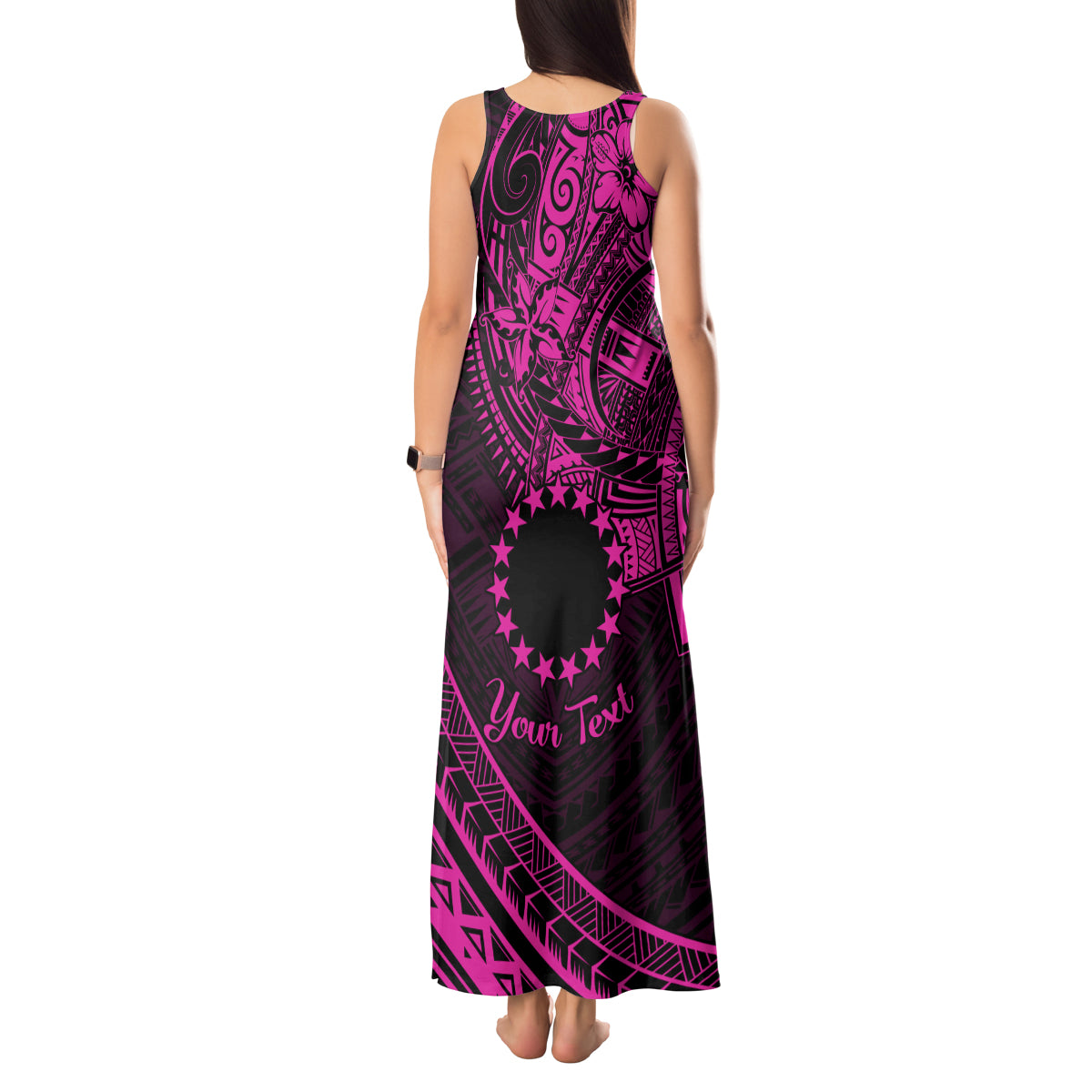 Kia Orana Cook Islands Tank Maxi Dress Circle Stars With Floral Pink Pattern LT01 - Polynesian Pride