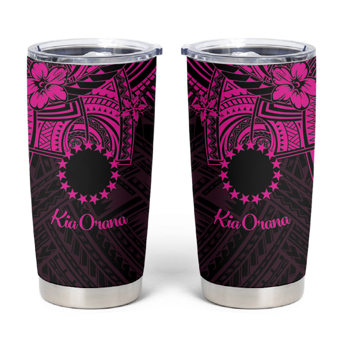 Kia Orana Cook Islands Tumbler Cup Circle Stars With Floral Pink Pattern