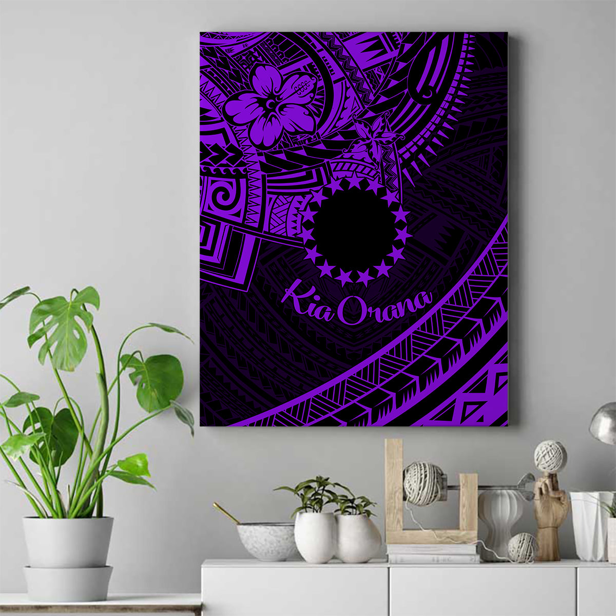 Kia Orana Cook Islands Canvas Wall Art Circle Stars With Floral Purple Pattern LT01 Purple - Polynesian Pride