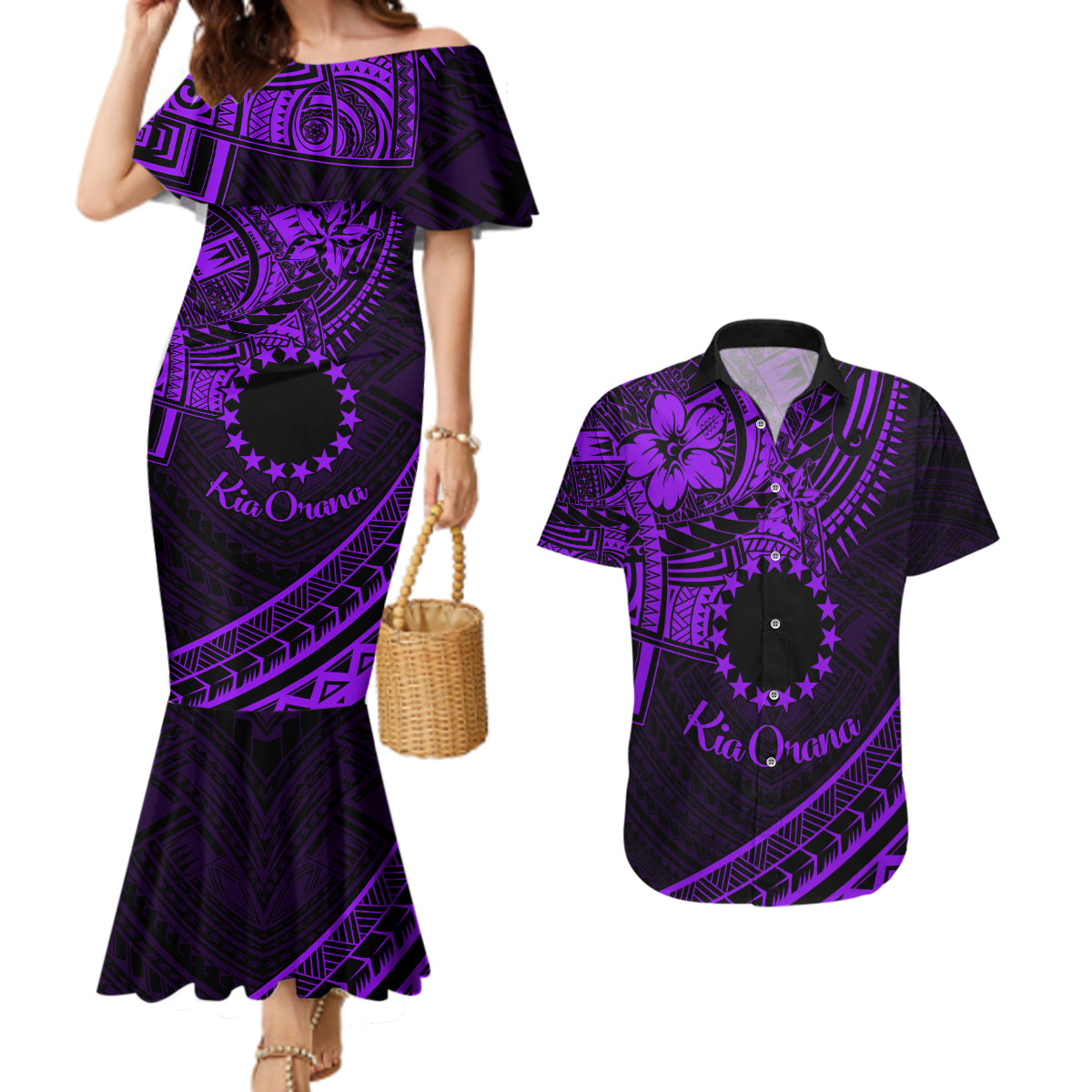 Kia Orana Cook Islands Couples Matching Mermaid Dress and Hawaiian Shirt Circle Stars With Floral Purple Pattern LT01 Purple - Polynesian Pride