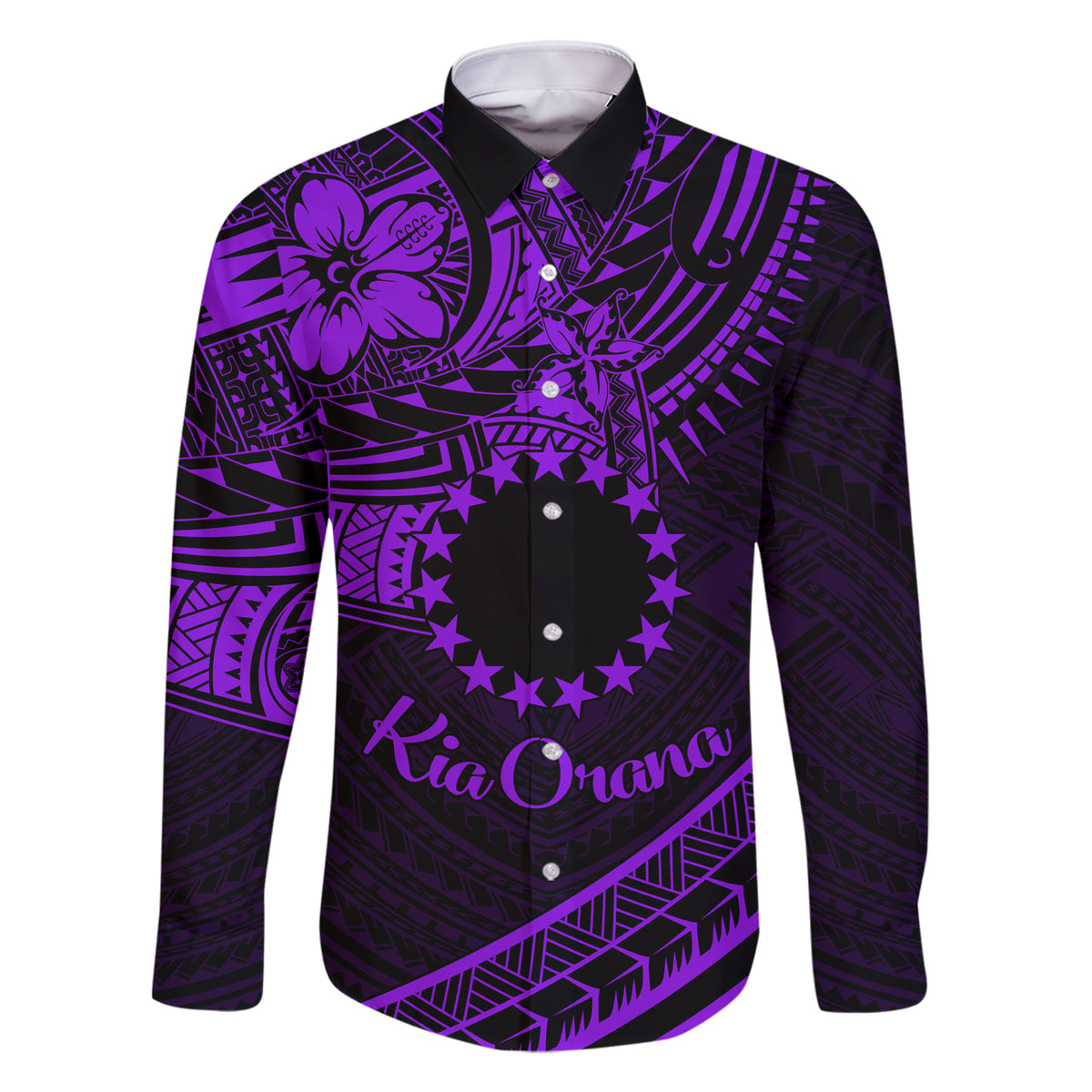 Kia Orana Cook Islands Family Matching Short Sleeve Bodycon Dress and Hawaiian Shirt Circle Stars With Floral Purple Pattern LT01 Dad's Shirt - Long Sleeve Purple - Polynesian Pride