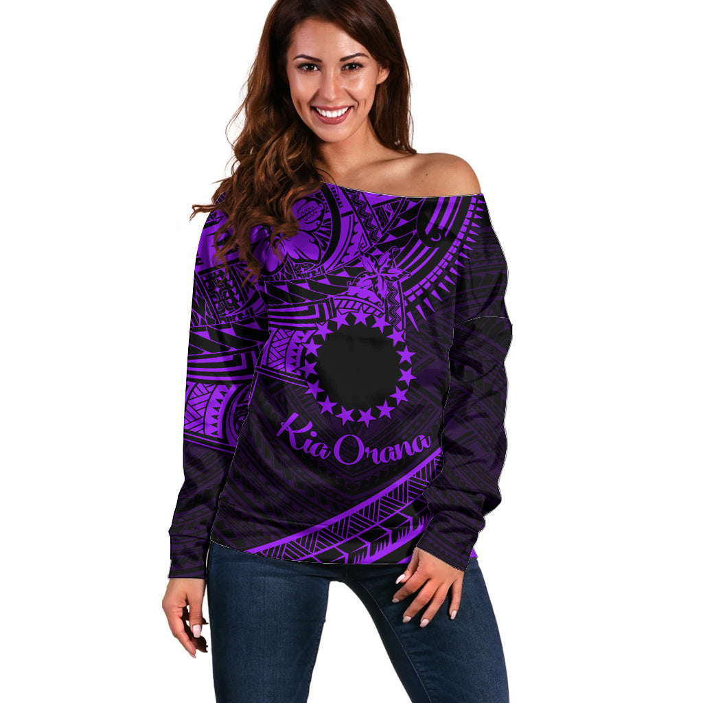 Kia Orana Cook Islands Off Shoulder Sweater Circle Stars With Floral Purple Pattern LT01 Women Purple - Polynesian Pride