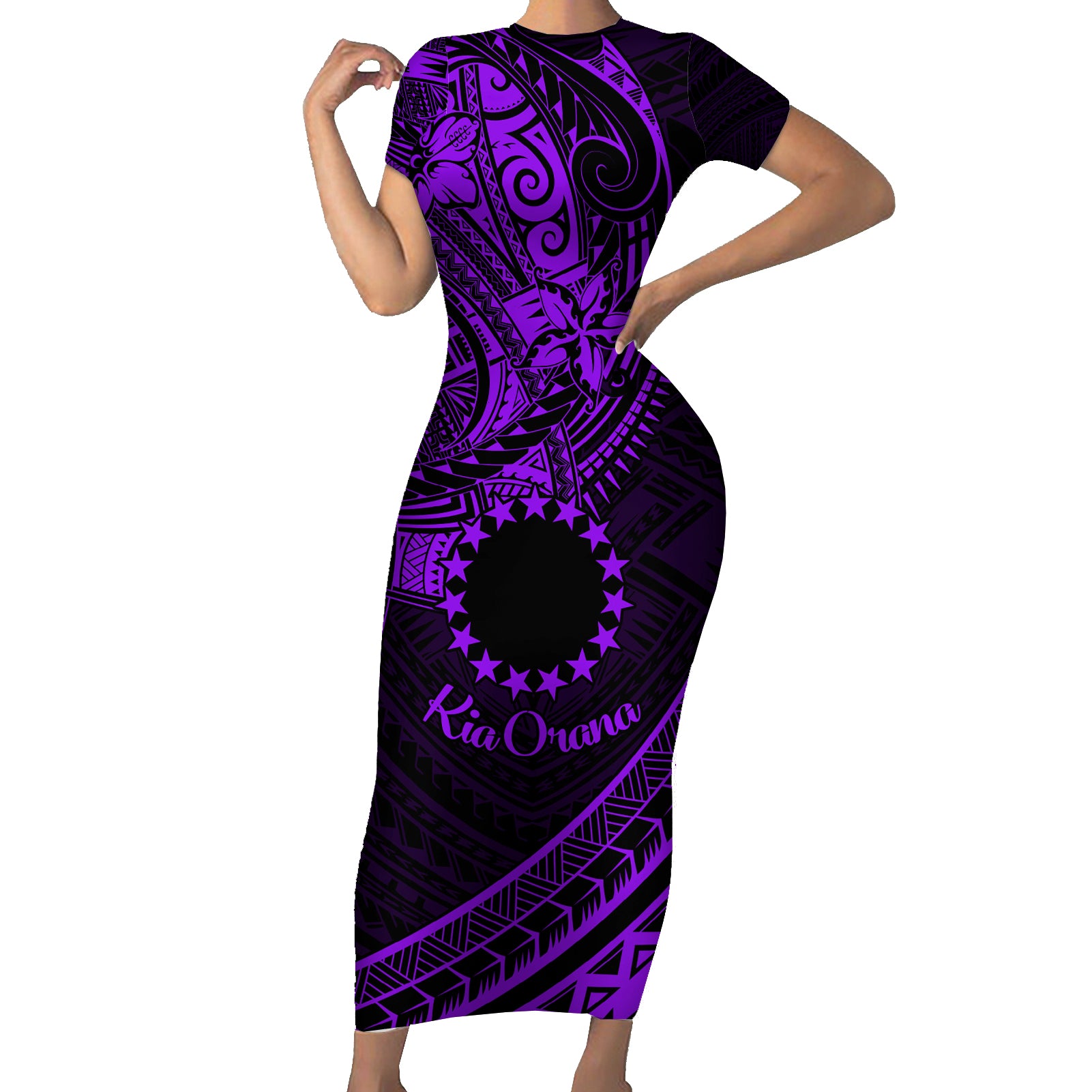 Kia Orana Cook Islands Short Sleeve Bodycon Dress Circle Stars With Floral Purple Pattern LT01 Long Dress Purple - Polynesian Pride