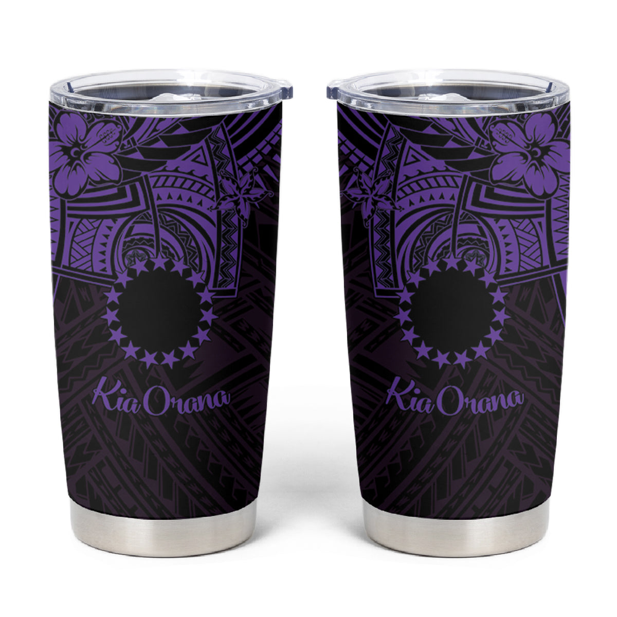 Kia Orana Cook Islands Tumbler Cup Circle Stars With Floral Purple Pattern