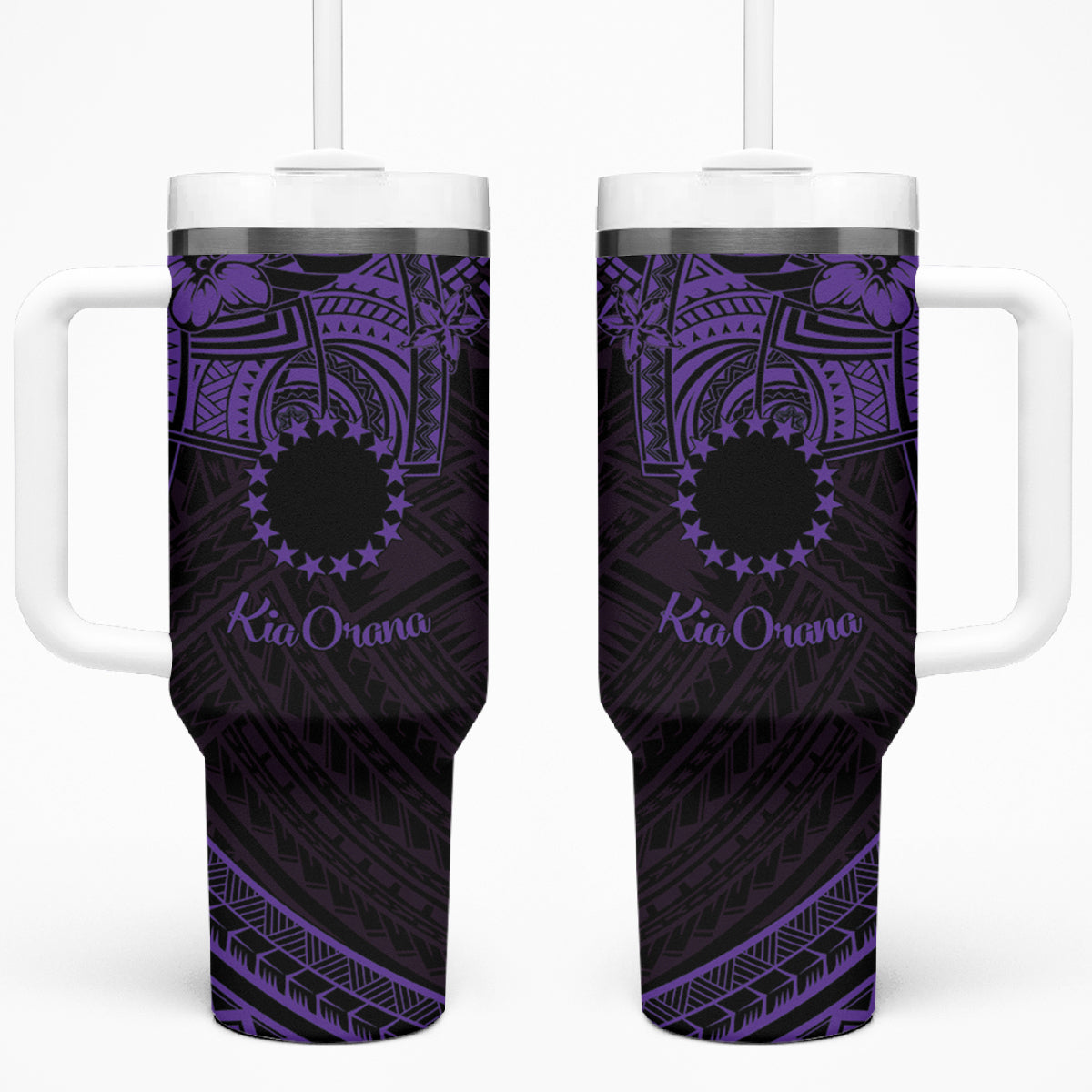 Kia Orana Cook Islands Tumbler With Handle Circle Stars With Floral Purple Pattern