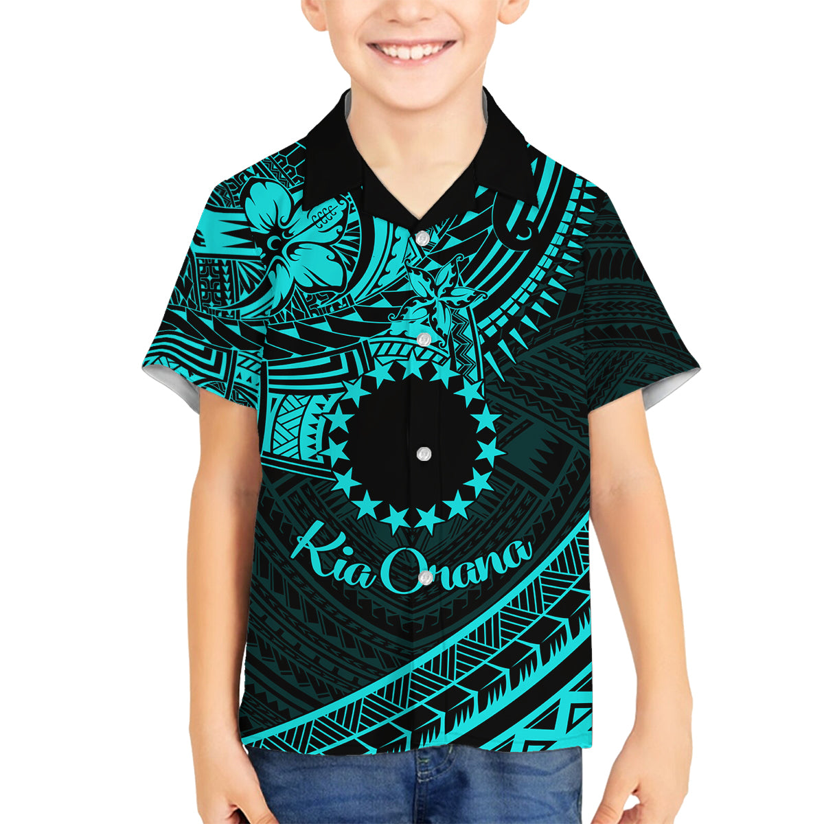 Kia Orana Cook Islands Family Matching Long Sleeve Bodycon Dress and Hawaiian Shirt Circle Stars With Floral Turquoise Pattern LT01 Son's Shirt Turquoise - Polynesian Pride