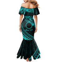 Kia Orana Cook Islands Family Matching Mermaid Dress and Hawaiian Shirt Circle Stars With Floral Turquoise Pattern LT01 - Polynesian Pride