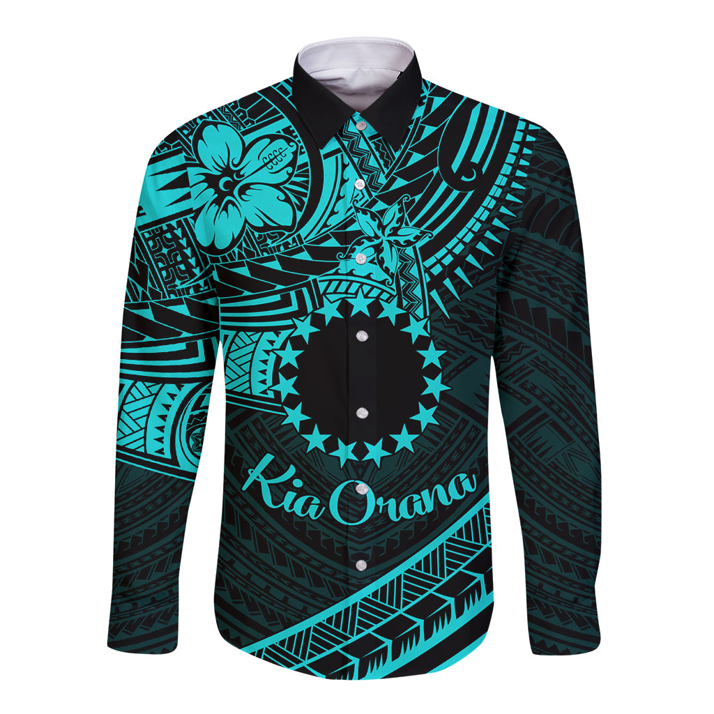 Kia Orana Cook Islands Long Sleeve Button Shirt Circle Stars With Floral Turquoise Pattern LT01 Unisex Turquoise - Polynesian Pride