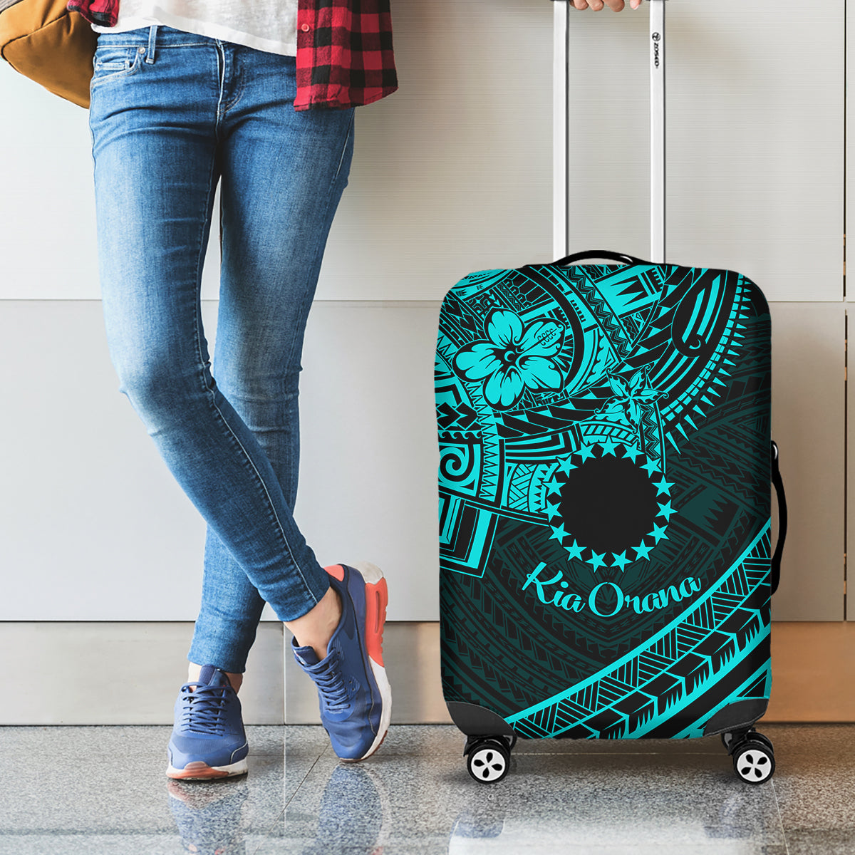 Kia Orana Cook Islands Luggage Cover Circle Stars With Floral Turquoise Pattern LT01 - Polynesian Pride