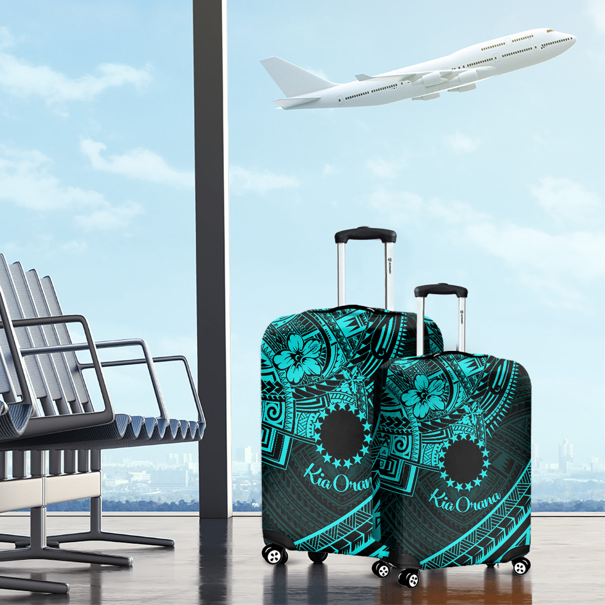 Kia Orana Cook Islands Luggage Cover Circle Stars With Floral Turquoise Pattern LT01 - Polynesian Pride