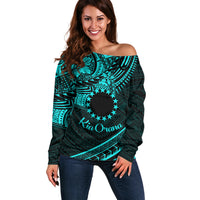 Kia Orana Cook Islands Off Shoulder Sweater Circle Stars With Floral Turquoise Pattern LT01 Women Turquoise - Polynesian Pride