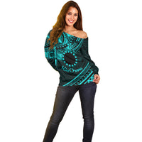 Kia Orana Cook Islands Off Shoulder Sweater Circle Stars With Floral Turquoise Pattern LT01 - Polynesian Pride