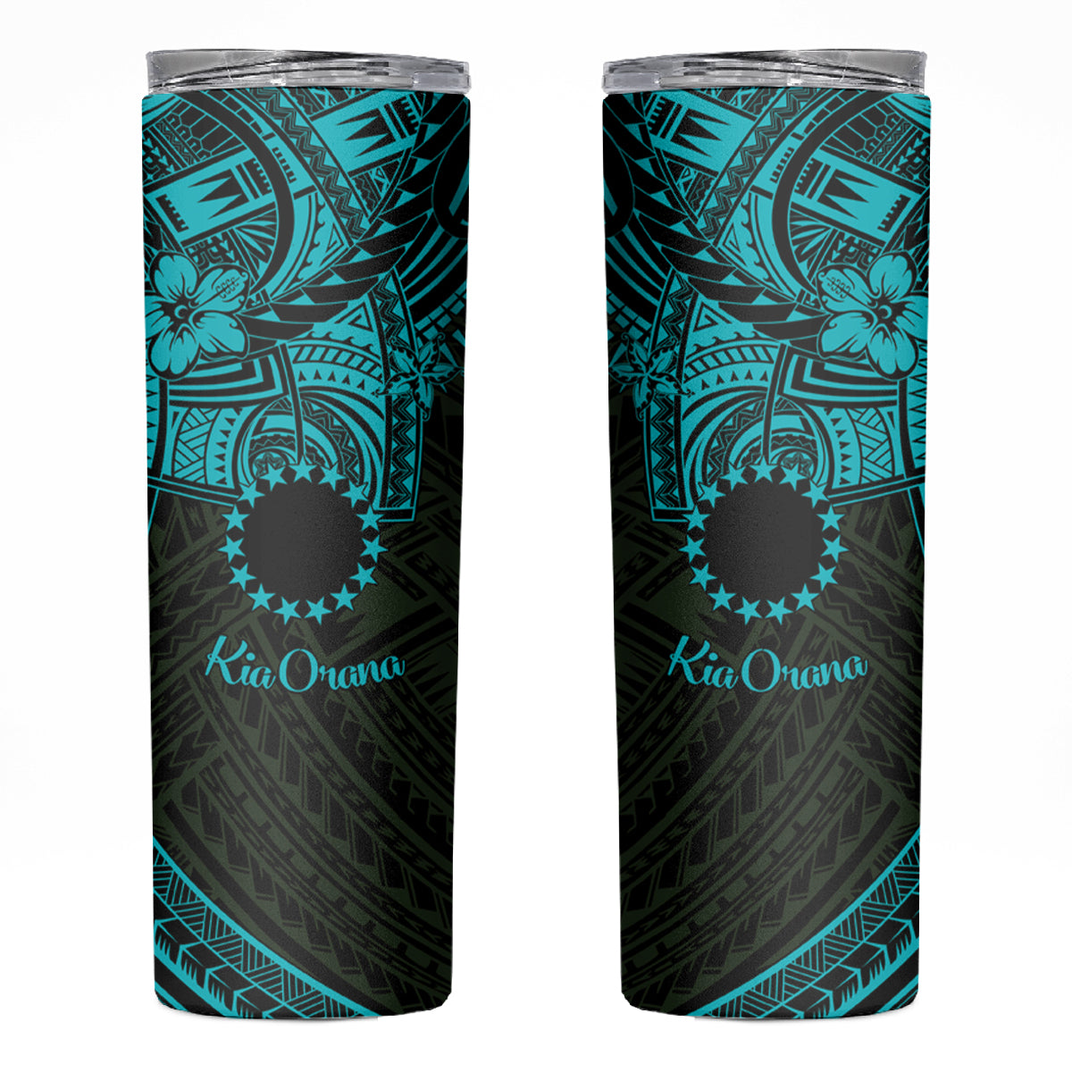 Kia Orana Cook Islands Skinny Tumbler Circle Stars With Floral Turquoise Pattern