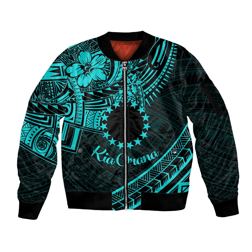 Kia Orana Cook Islands Sleeve Zip Bomber Jacket Circle Stars With Floral Turquoise Pattern LT01 Unisex Turquoise - Polynesian Pride