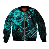Kia Orana Cook Islands Sleeve Zip Bomber Jacket Circle Stars With Floral Turquoise Pattern LT01 Unisex Turquoise - Polynesian Pride