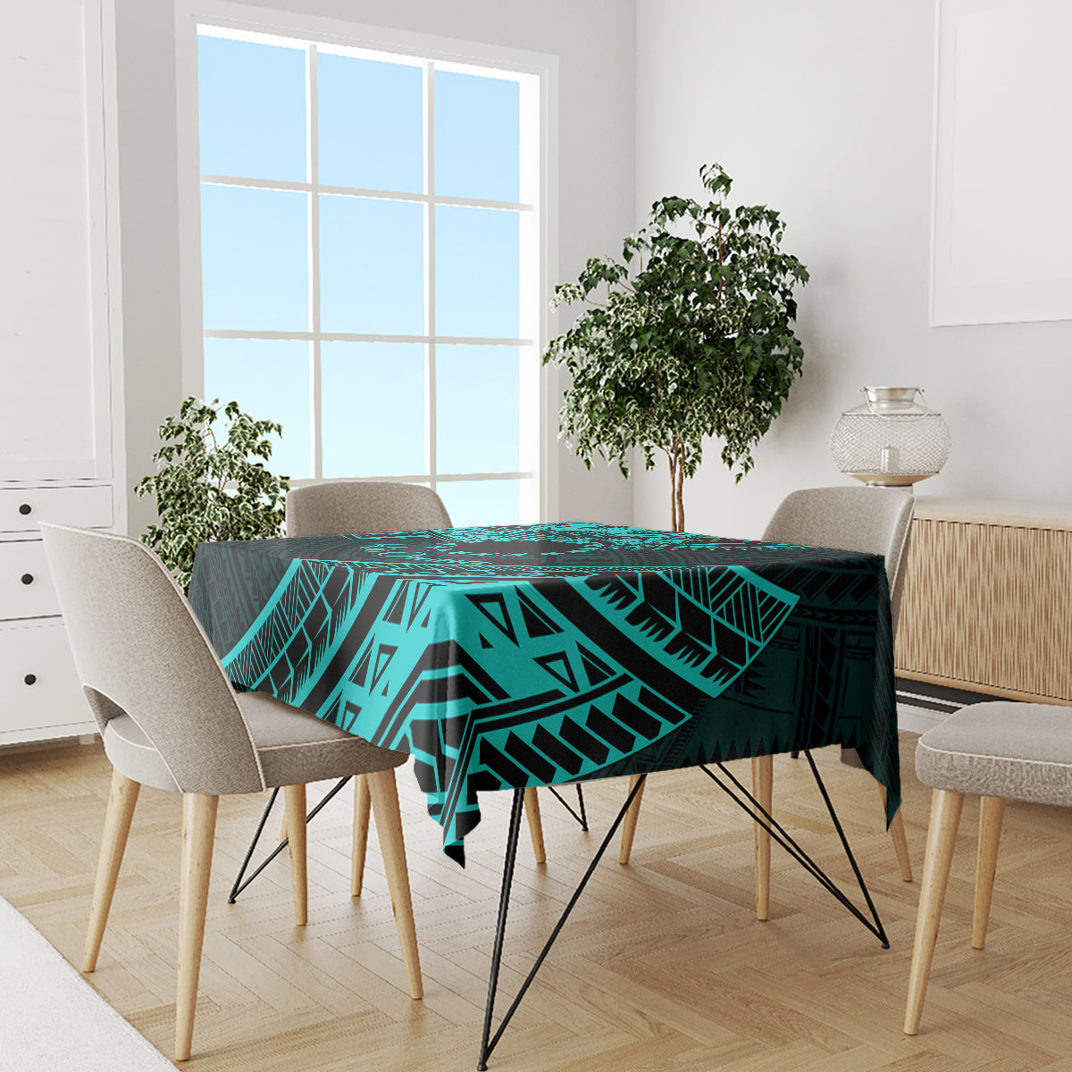 Kia Orana Cook Islands Tablecloth Circle Stars With Floral Turquoise Pattern LT01 - Polynesian Pride
