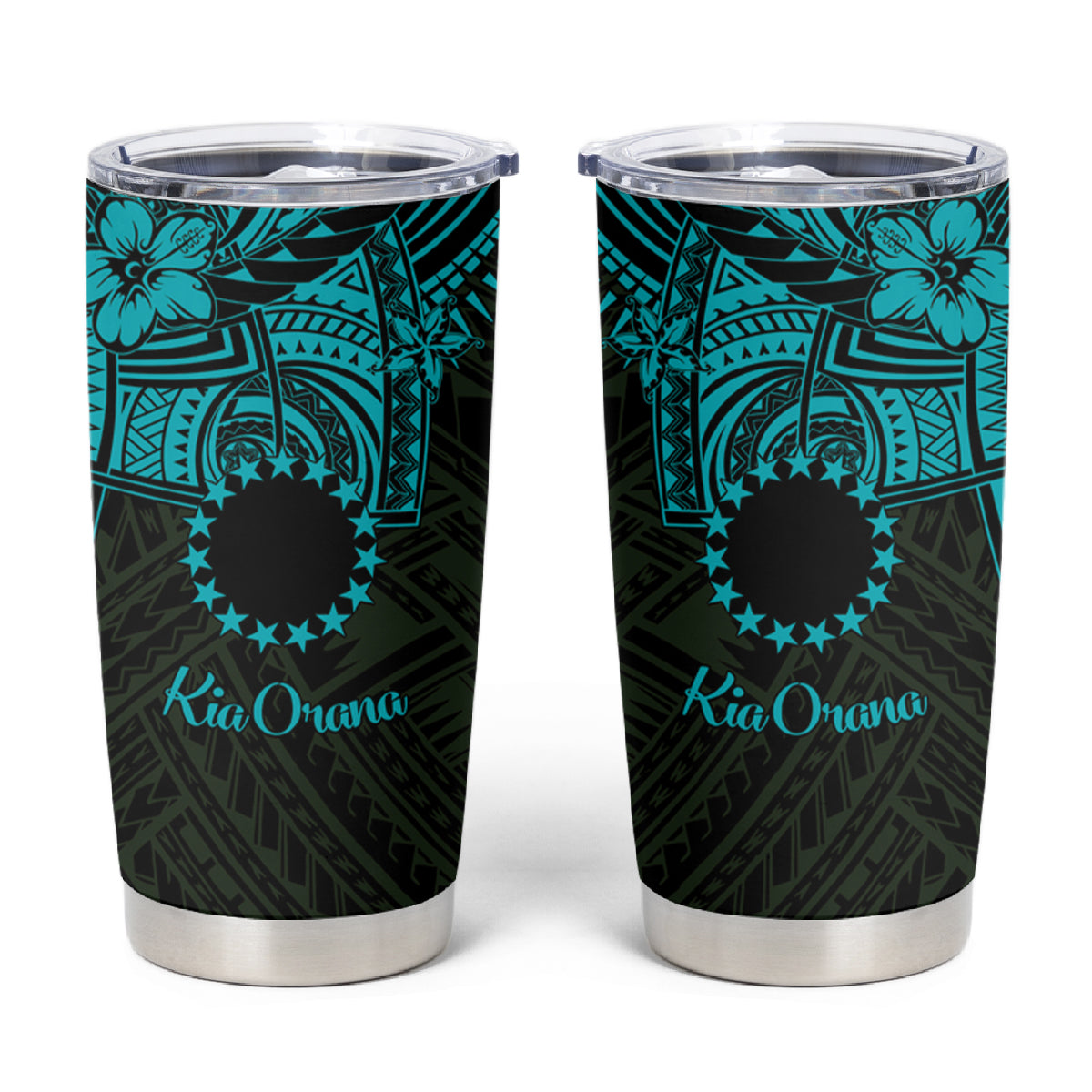 Kia Orana Cook Islands Tumbler Cup Circle Stars With Floral Turquoise Pattern