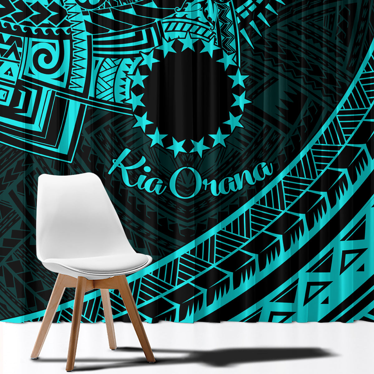 Kia Orana Cook Islands Window Curtain Circle Stars With Floral Turquoise Pattern LT01 - Polynesian Pride