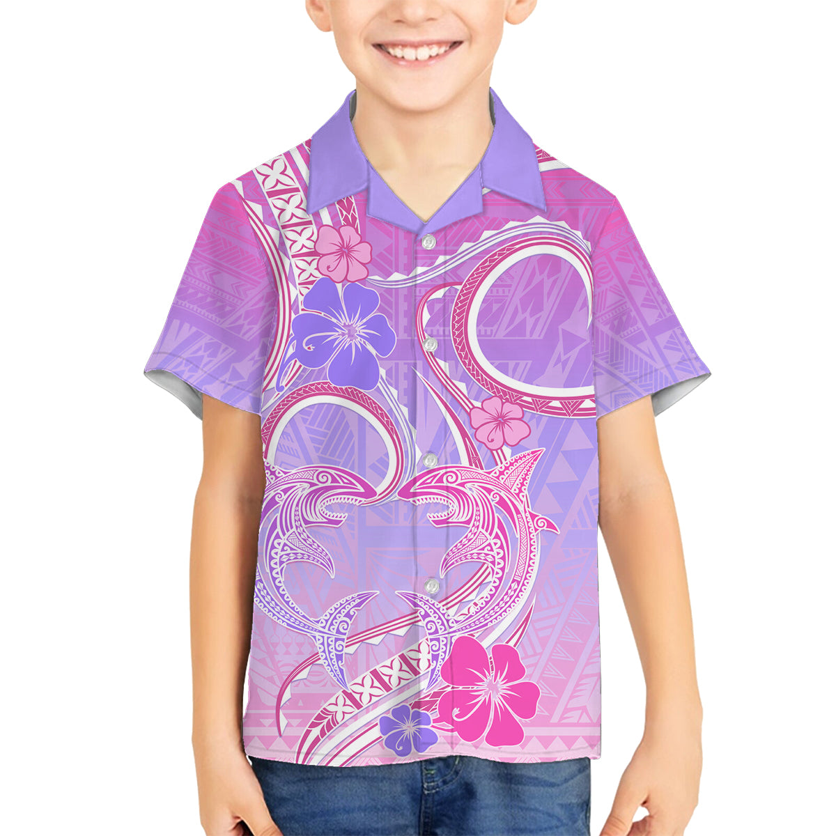 Polynesian Shark Valentine Family Matching Off Shoulder Maxi Dress and Hawaiian Shirt Sweet Unique Version LT01 Son's Shirt Pink - Polynesian Pride