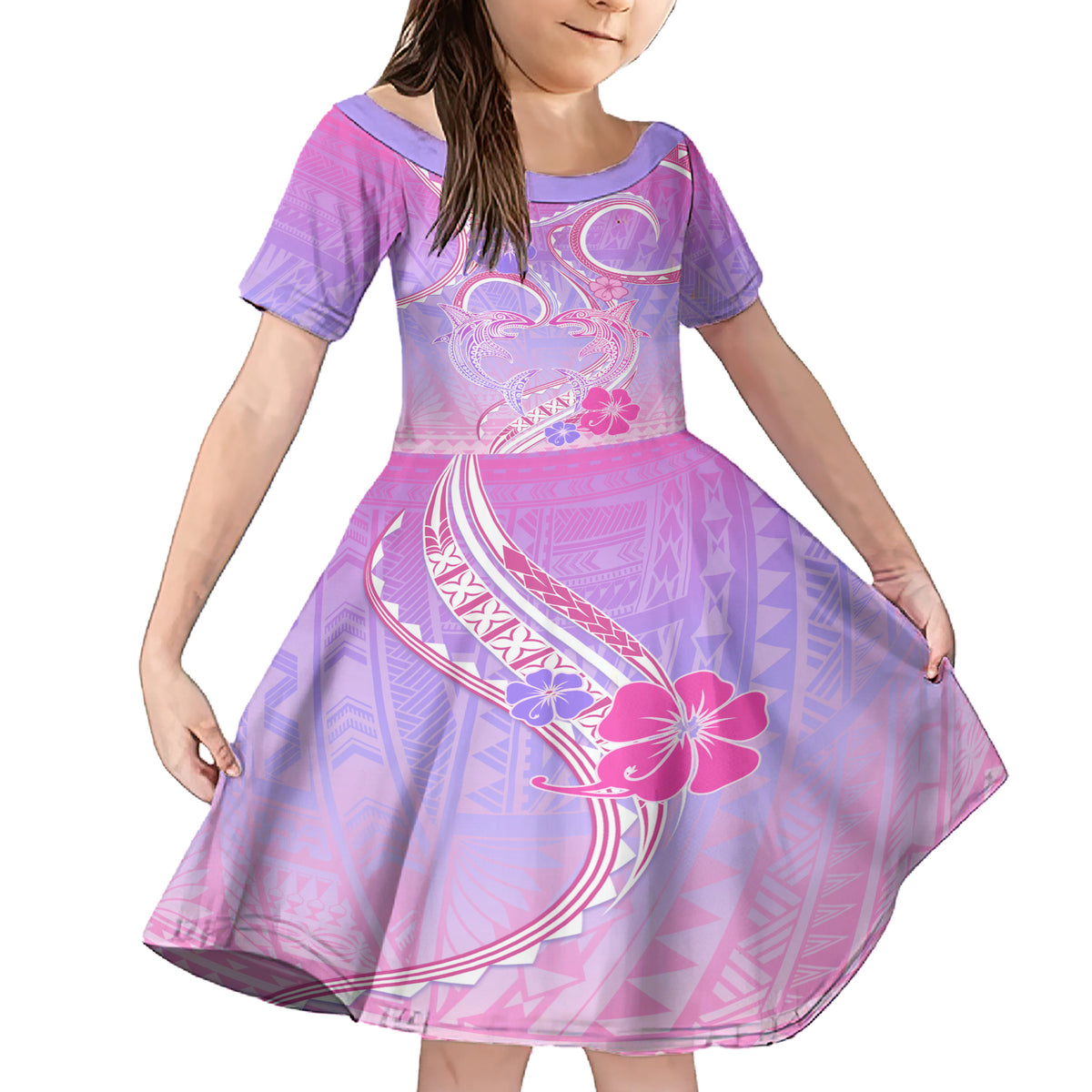 Polynesian Shark Valentine Family Matching Short Sleeve Bodycon Dress and Hawaiian Shirt Sweet Unique Version LT01 Daughter's Dress Pink - Polynesian Pride