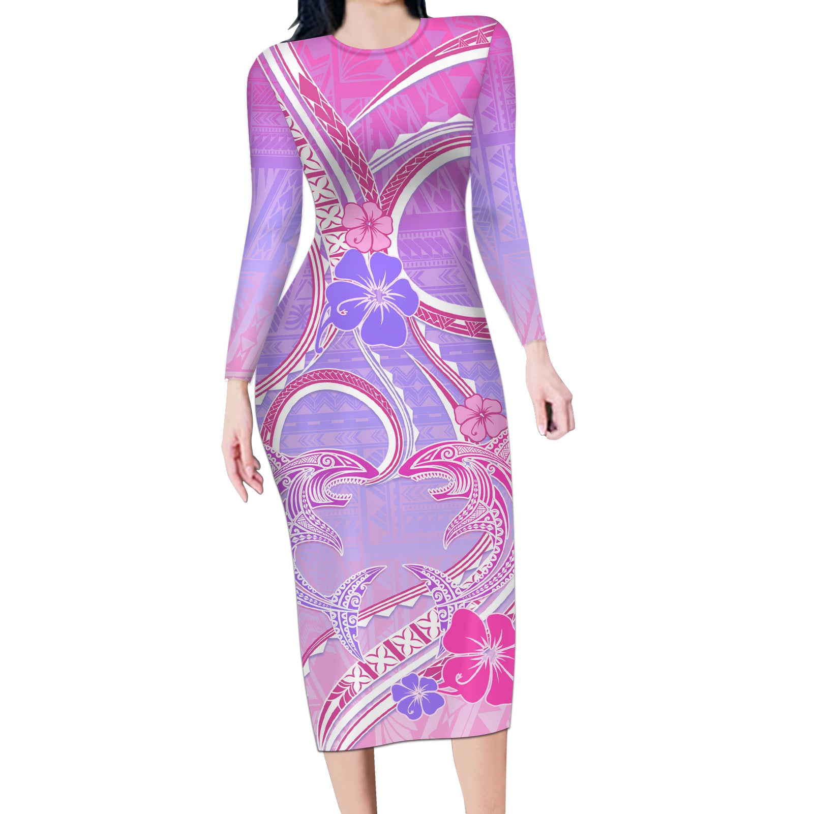 Polynesian Shark Valentine Long Sleeve Bodycon Dress Sweet Unique Version LT01 Long Dress Pink - Polynesian Pride