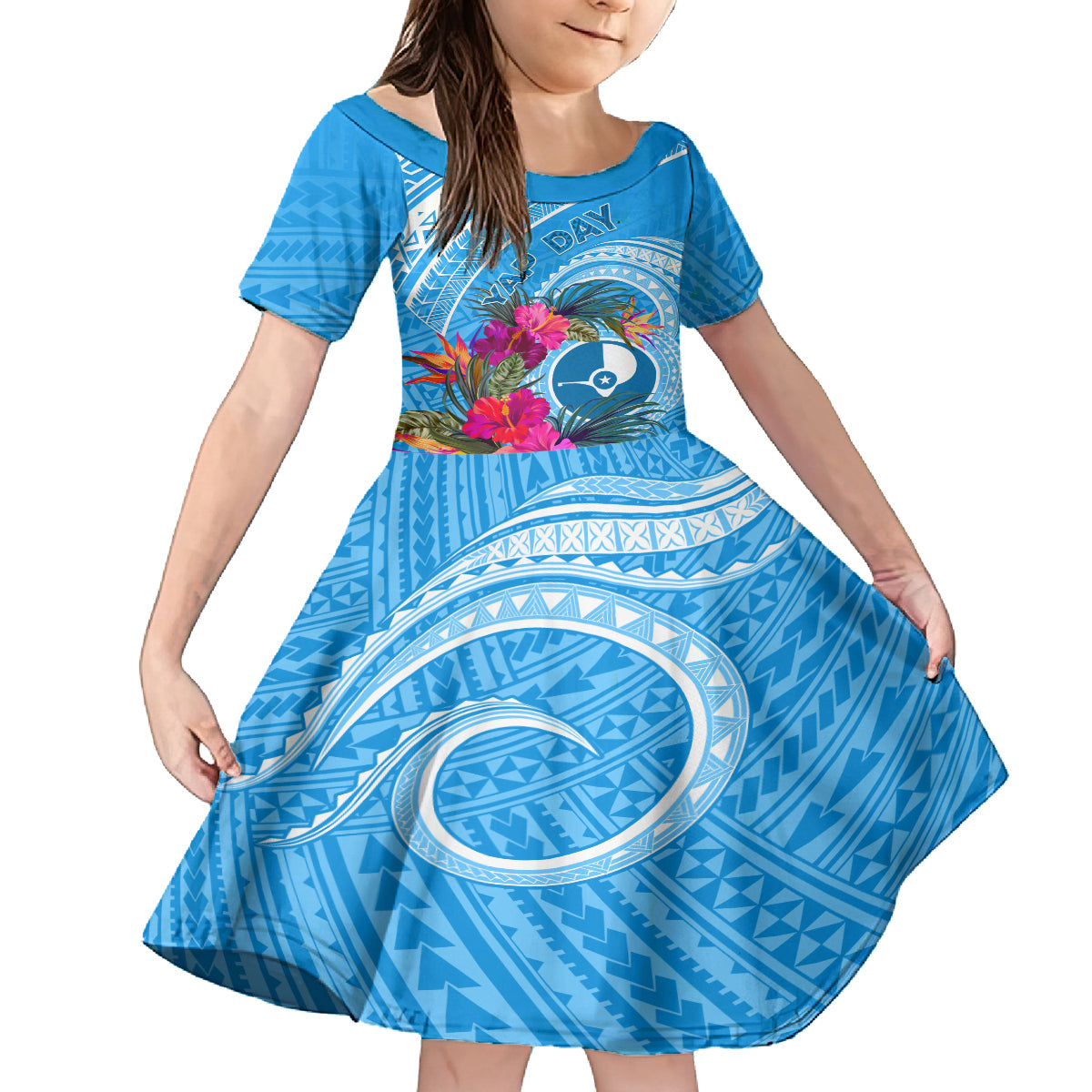 Yap Day Family Matching Off Shoulder Long Sleeve Dress and Hawaiian Shirt Nam nu Waqab Tropical Flower LT01 Daughter's Dress Blue - Polynesian Pride