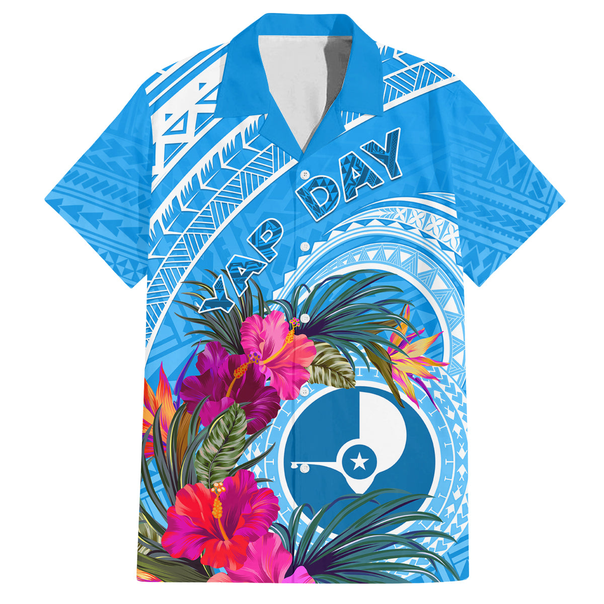 Yap Day Family Matching Off Shoulder Long Sleeve Dress and Hawaiian Shirt Nam nu Waqab Tropical Flower LT01 Dad's Shirt - Short Sleeve Blue - Polynesian Pride