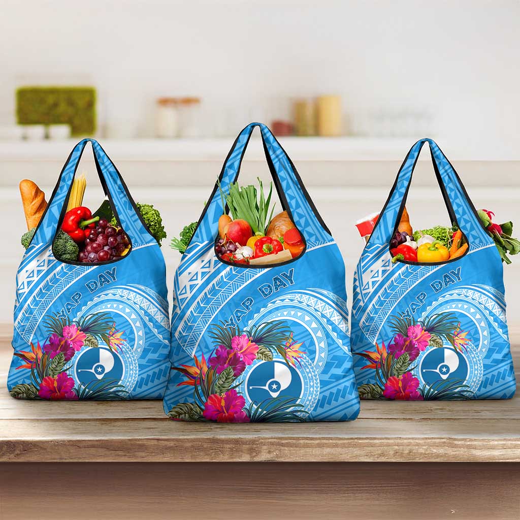 Yap Day Grocery Bag Nam nu Waqab Tropical Flower LT01 3-pack One Size Blue - Polynesian Pride