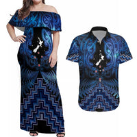 Personalised Aotearoa Matariki Couples Matching Off Shoulder Maxi Dress and Hawaiian Shirt Blue Fern Maori Poutama LT01 Blue - Polynesian Pride