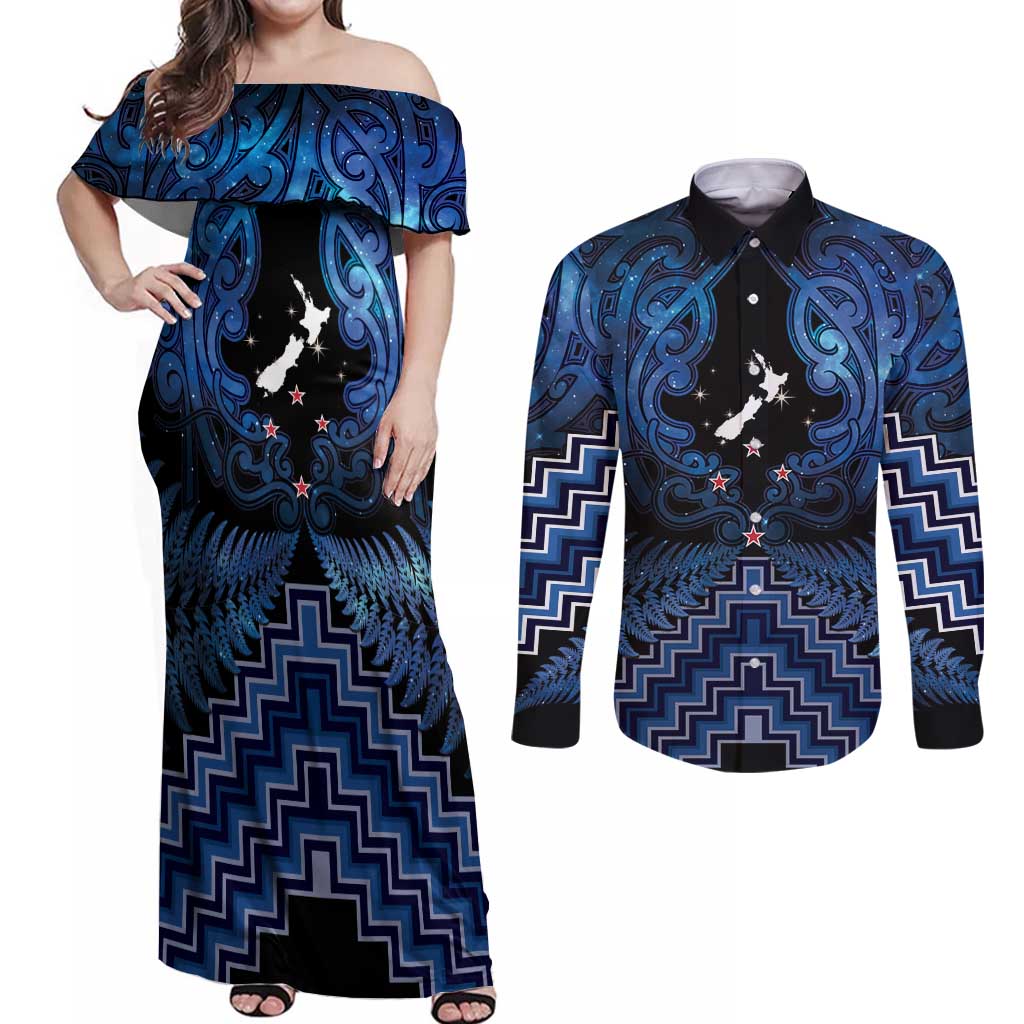 Personalised Aotearoa Matariki Couples Matching Off Shoulder Maxi Dress and Long Sleeve Button Shirt Blue Fern Maori Poutama LT01 Blue - Polynesian Pride