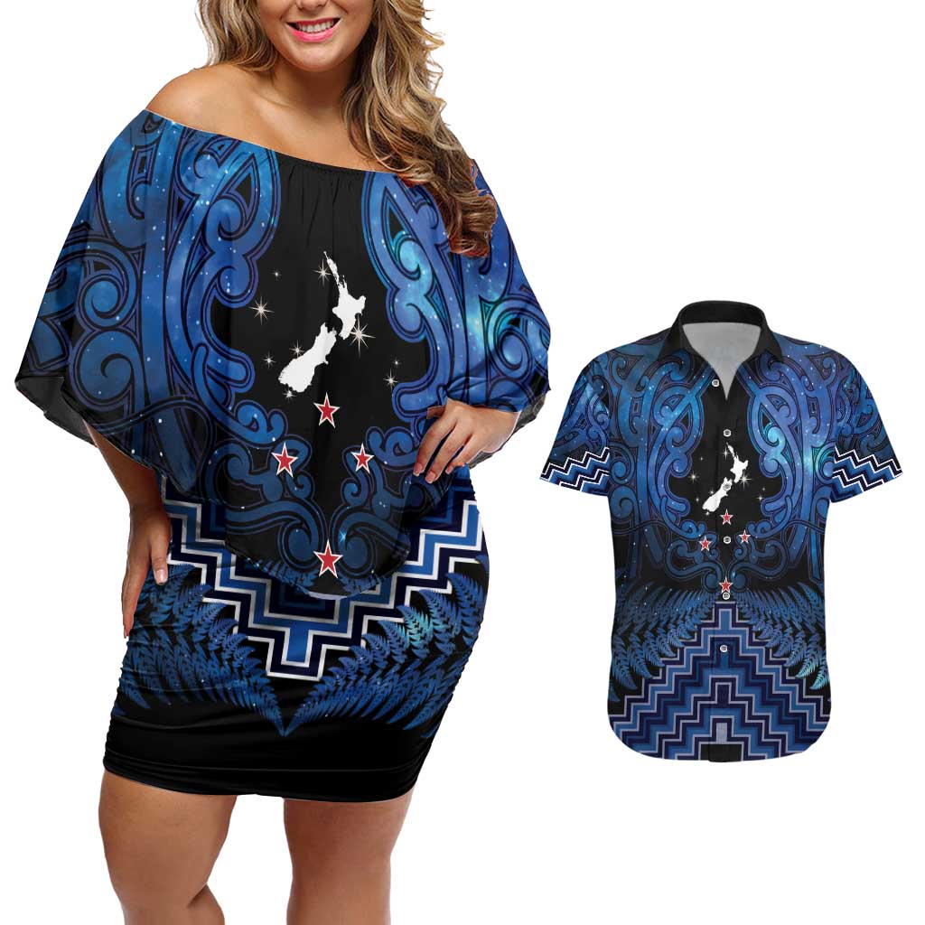 Personalised Aotearoa Matariki Couples Matching Off Shoulder Short Dress and Hawaiian Shirt Blue Fern Maori Poutama