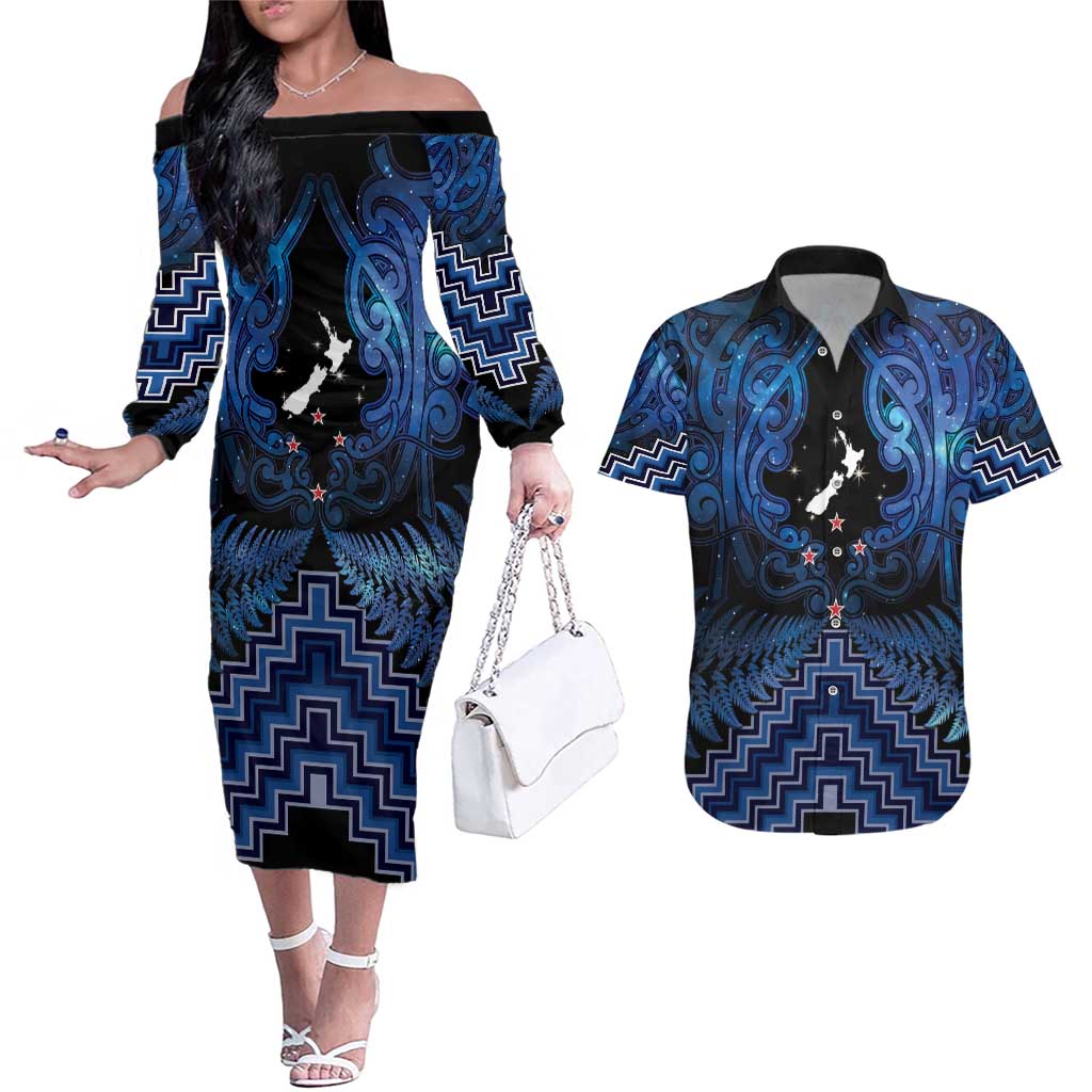 Personalised Aotearoa Matariki Couples Matching Off The Shoulder Long Sleeve Dress and Hawaiian Shirt Blue Fern Maori Poutama