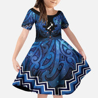 Personalised Aotearoa Matariki Family Matching Long Sleeve Bodycon Dress and Hawaiian Shirt Blue Fern Maori Poutama LT01 Daughter's Dress Blue - Polynesian Pride
