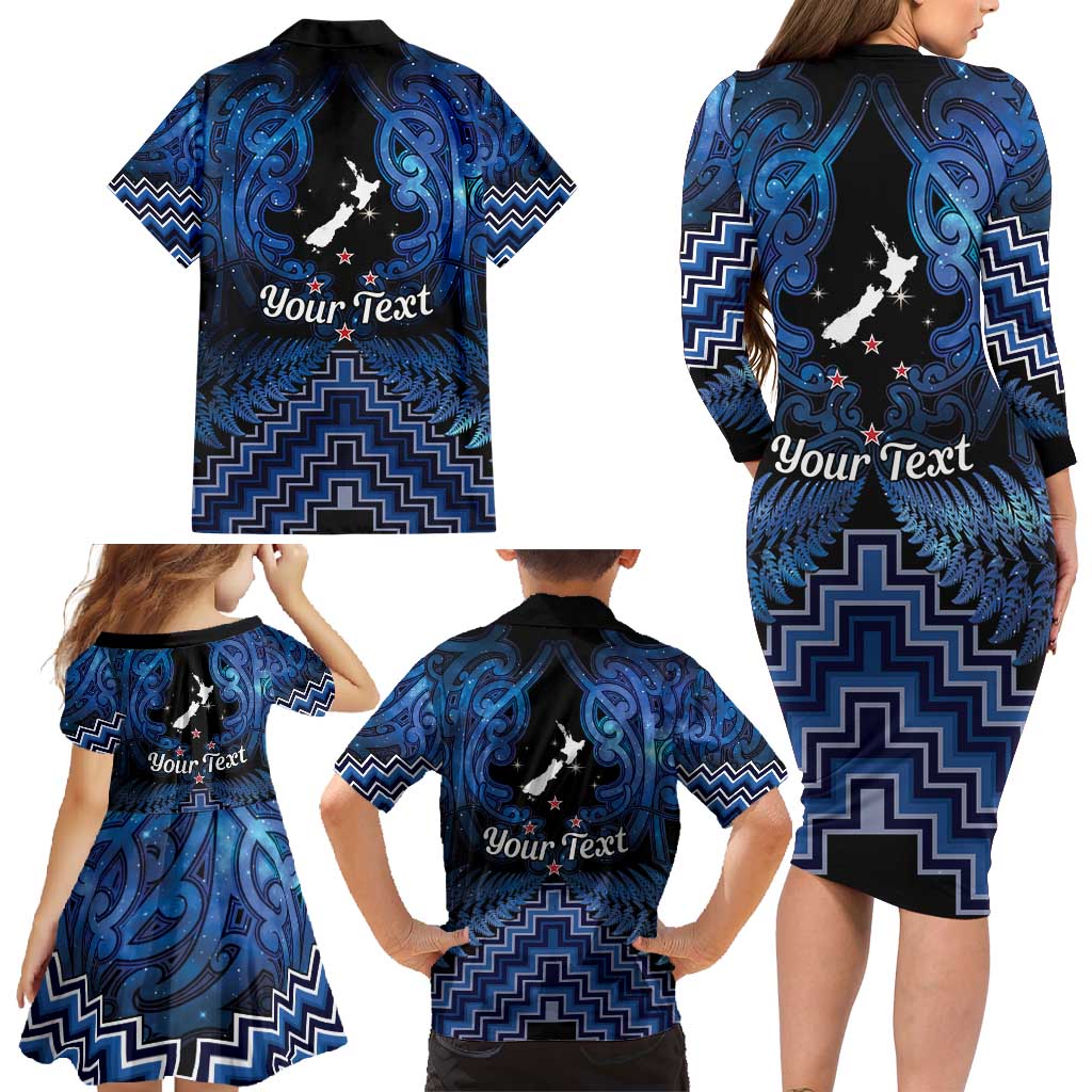 Personalised Aotearoa Matariki Family Matching Long Sleeve Bodycon Dress and Hawaiian Shirt Blue Fern Maori Poutama LT01 - Polynesian Pride