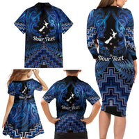 Personalised Aotearoa Matariki Family Matching Long Sleeve Bodycon Dress and Hawaiian Shirt Blue Fern Maori Poutama LT01 - Polynesian Pride
