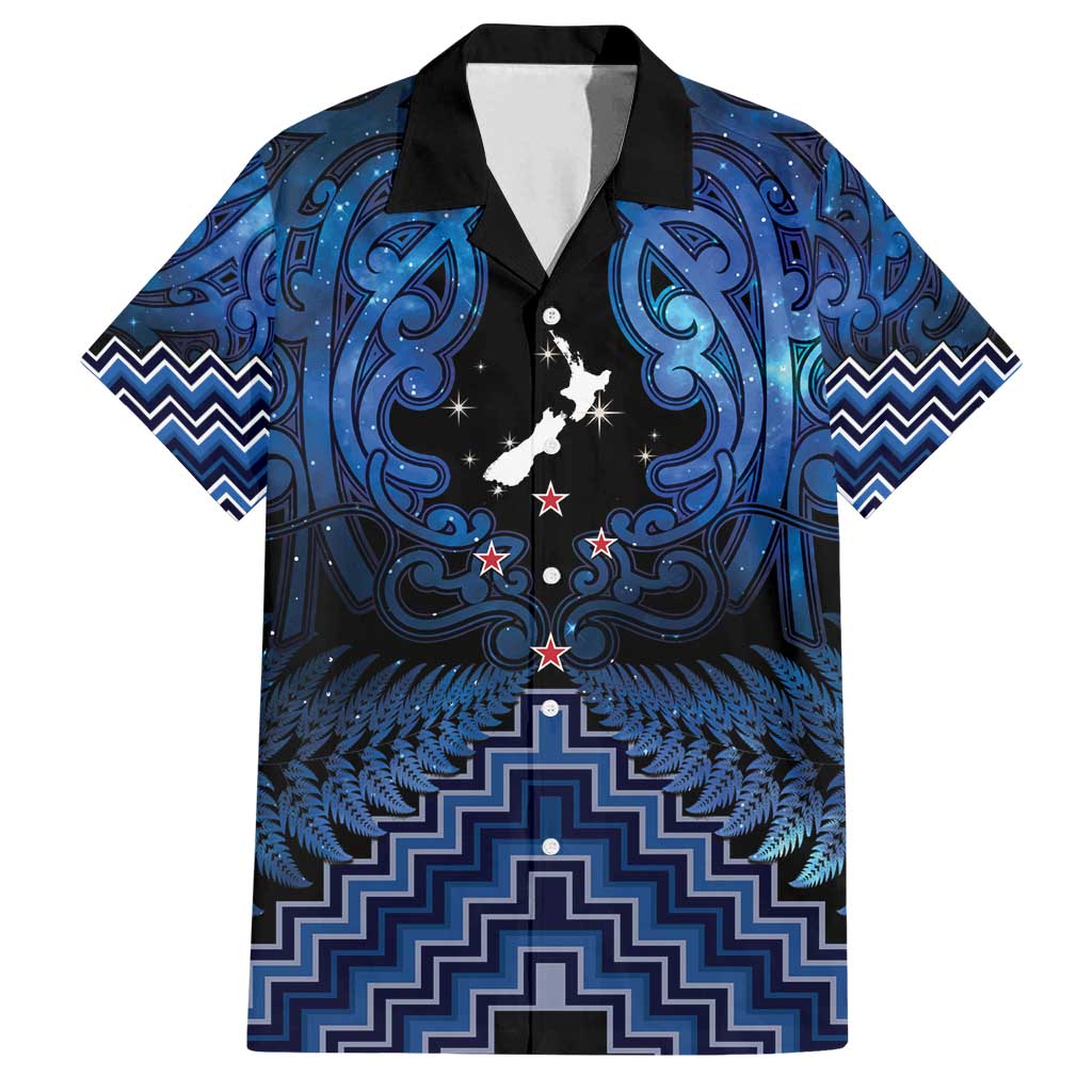Personalised Aotearoa Matariki Family Matching Long Sleeve Bodycon Dress and Hawaiian Shirt Blue Fern Maori Poutama LT01 Dad's Shirt - Short Sleeve Blue - Polynesian Pride