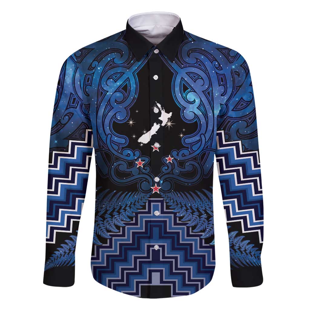 Personalised Aotearoa Matariki Family Matching Long Sleeve Bodycon Dress and Hawaiian Shirt Blue Fern Maori Poutama LT01 Dad's Shirt - Long Sleeve Blue - Polynesian Pride